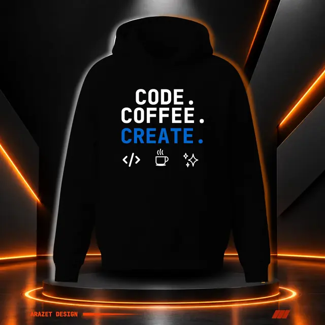 Code, coffee and Create on a Black A-1 Heavy Hoodie