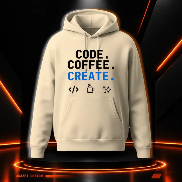Code, coffee and Create on a Stone Brown A-1 Heavy Hoodie