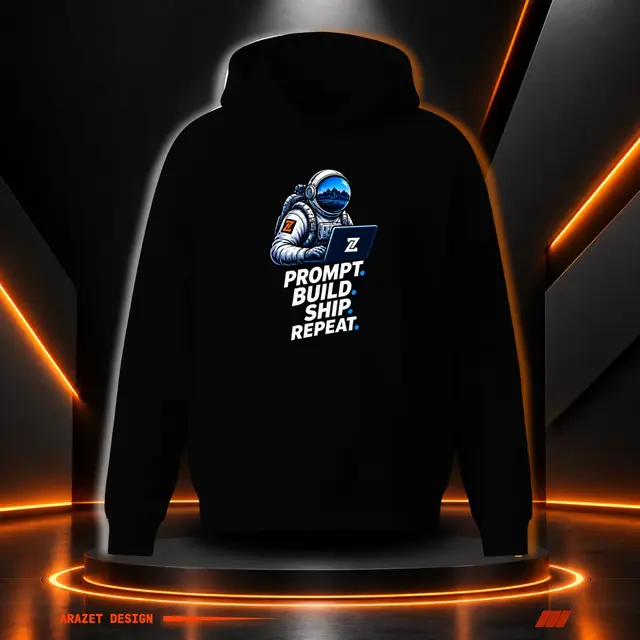 Prompt, Build, Ship & Repeat on the Black A-1 Heavy Hoodie