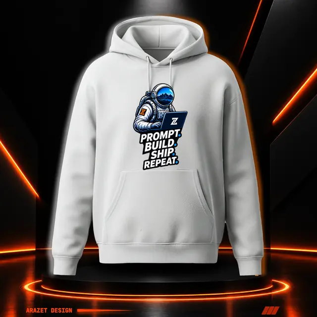 Prompt, Build, Ship & Repeat on a Grey A-1 Heavy Hoodie