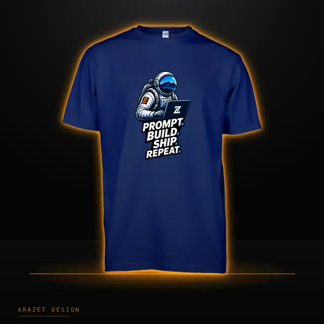 Prompt, Build, Ship & Repeat on the Navy Blue Core Cotton Tee